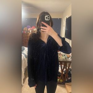 Blue, velvet-like material, ribbed, button down top
